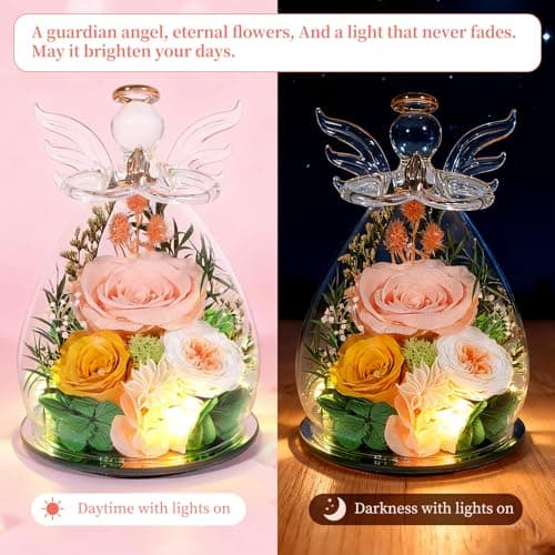 Puppiluv Preserved Rose Gifts for Women, Forever Flowers Eternal Roses in Glass Angel Figurines, Fresh Flowers for Delivery Prime, Birthday Gifts for Mom Her Wife Grandma on Anniversary, Champagne - Thumbnail 3