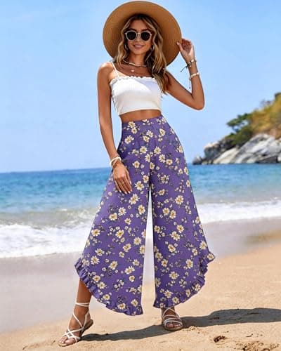 IEEILULU Wide Leg Pants for Women - Beach Pants for Women Flowy Floral Palazzo Pants High Waisted Pants Beach Vacation Outfits Purple Yellow Flower L - Thumbnail 2
