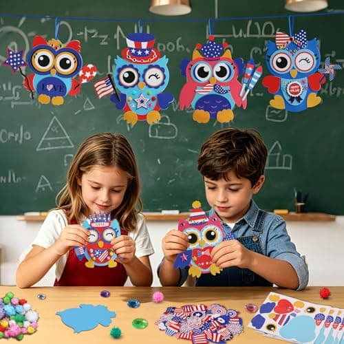 4th of July Patriotic Owl Craft Kits for Kids,36 Sets Owl Foam Shapes Stickers,Make Your Own Crafts Supplies with Red White Blue Flag Star for Classroom Activities,School Patriotic Party Favors - Thumbnail 4