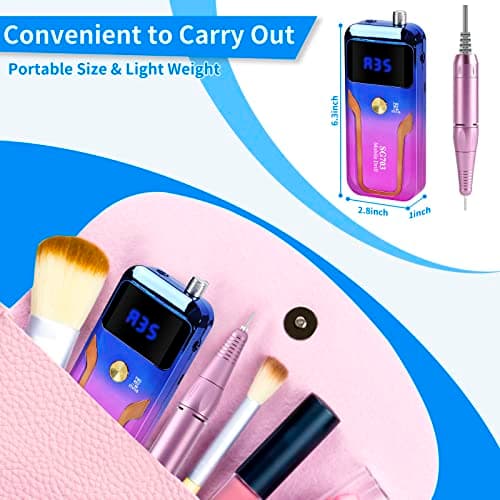 Portable Nail Drill Professional 35000 RPM, MOCOWIND Rechargeable Electric Nail File Machine for Acrylic Gel Polishing Removing, Cordless E-File with Bits Kit for Manicure Salon Home, Blue & Purple - Thumbnail 3