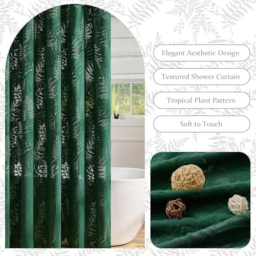 Lameirose Dark Green Shower Curtain Lace Tropical Plant Textured Shower Curtain Sheer Farmhouse Fabric Shower Curtains for Bathroom 72 x 72 - Thumbnail 2