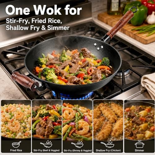 WANGYUANJI Cast Iron Wok Pan with Lid (12.6 Inch) - Handcrafted Flat Bottom Chinese Stir Fry Skillet for Induction, Electric & Gas - Walnut Wood Handle, No Coating - Thumbnail 6