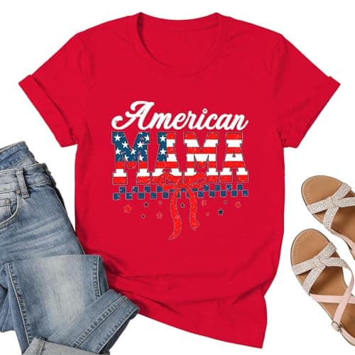 All American Mama 4th of July Shirts for Women-Bow Patriotic Shirt USA 250th Anniversary Tees American Mama Short Sleeve Red - Image 1