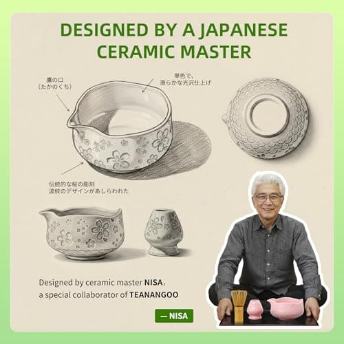 TEANAGOO 7-PCS Pink Matcha Whisk Set with Cherry Blossom Design, Complete Ceremony Kit, Ceramic Chawan Bowl with Spout, Whisk & Accessories, Traditional Matcha Tea Set for Lattes& Gift Giving - Thumbnail 2