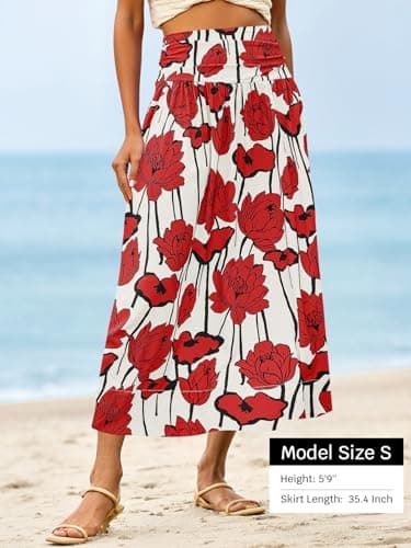 Wenrine Womens Floral Print Maxi Skirt High Waisted A Line Boho Flowy Beach Vacation Long Skirts with Pockets Red - Thumbnail 4