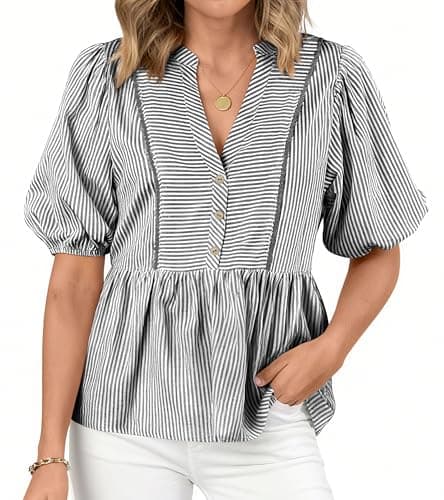 dowerme Womens Summer Tops 2026 Fashion Lantern Short Sleeve V Neck Button Peplum Shirts Spring Stripes Babydoll Blouses(Black,XX-Large)