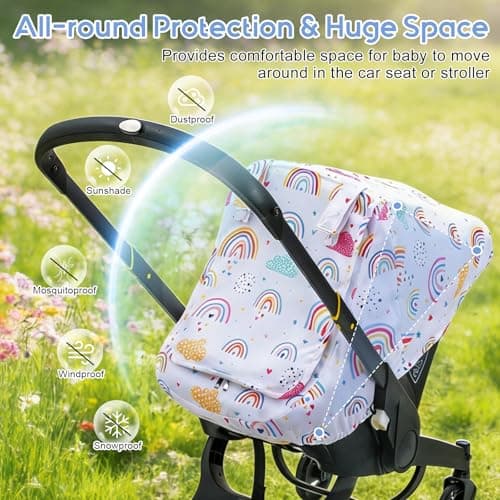 Baby Car Seat Cover for Doona, Infant Car Seat Cover with Privacy Sun Shade & Mesh Window, Breathable Carseat Cover Baby Girls, Protective Baby Carrier Cover for Newborn Shower Gift - Thumbnail 3