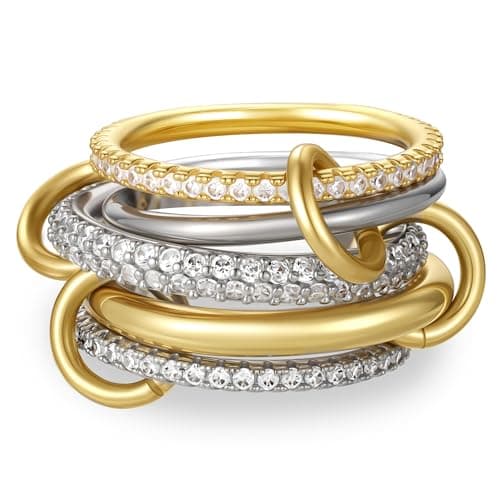 Fimhut Stackable Rings for Women, 18K Gold Plated Cubic Zirconia Rings, Silver Gold Multi Ring Mixed Metals Stackable Ring Set for Women Non Tarnish.Christmas Gift Size 8 - Image 1