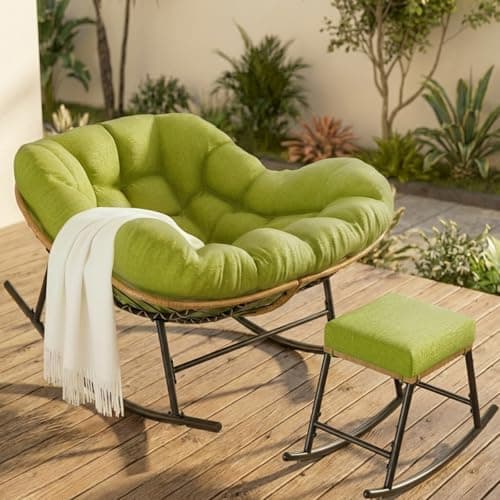 Easyego Oversized Papasan Rocking Chair with Ottoman for Indoor Outdoor Use, Comfortable Wicker Rocker with Cozy Thicken Cushion for Deck, Balcony, Poolside, Lawn, Bedroom, Living Room, Green