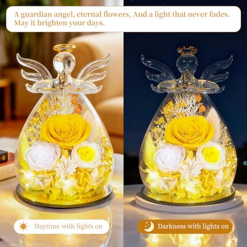 Puppiluv Preserved Rose Gifts for Women, Forever Flowers Eternal Roses in Glass Angel Figurines, Fresh Flowers for Delivery Prime, Birthday Gifts for Mom Her Wife Grandma on Anniversary, Yellow - Thumbnail 2