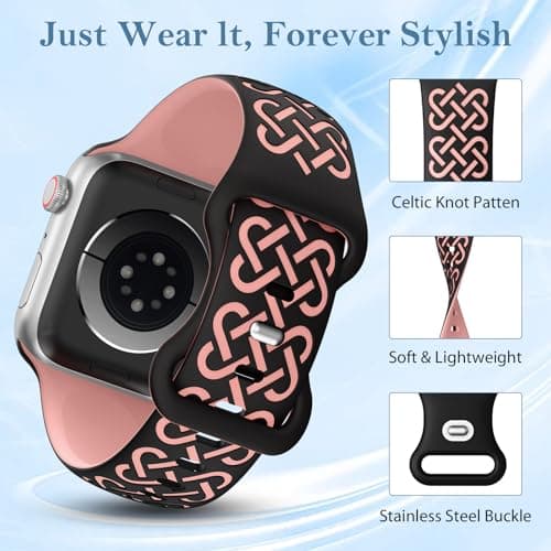 Minyee 2 Pack Engraved Bands Compatible with Apple Watch Band 42/44/45/46/49mm Women, Soft Silicone Two-Tone Celtic Sport Strap for iWatch Series 11 10 9 8 7 6 5 4 SE/Ultra 3 2 1, Black/Pink+Nude - Thumbnail 2
