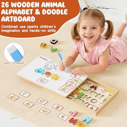 LIOKLICK 4-in-1 Magnetic Color and Number Maze, ABC Animal Alphabet Puzzles with Drawing Board, Wooden Montessori Toy Storage Box for 3-5 Year Old, Toddler Educational Learning Toy for Kids Boys Girls - Thumbnail 4
