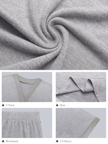 GKBK Womens Two Piece Outfits Pajama Sets 3/4 Dolman Sleeve V Neck Sleepwear Nightwear Loungewear Matching Pjs 2 Piece Lounge Set Lightweight Sweatsuit Fall Fashion Ooutfit Gray L - Thumbnail 4