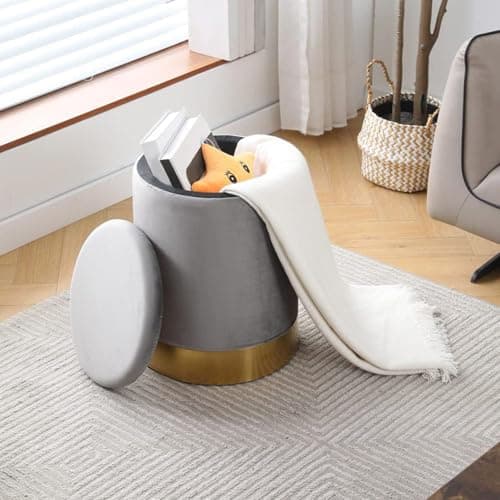 Mxfurhawa Velvet Storage Ottoman Multipurpose Footrest Stool with Metal Base Modern Round Vanity Stool Chair Ottoman Foot Stools Support 300 lbs Padded Seat for Living Room (Grey (Velvet)) - Thumbnail 3