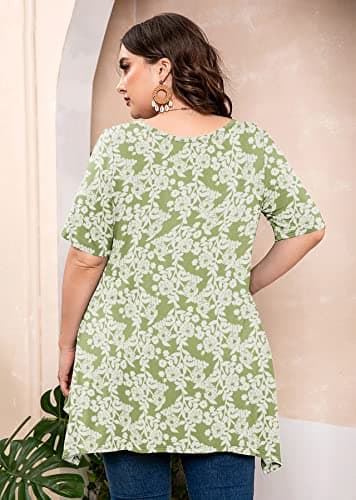 AusLook Plus Size Tops for Women Tunic Clothes Short Sleeve Green Roses Summer 1X Blouse Swing Tee Crewneck Clothing Flowy Shirts for Leggings - Thumbnail 5