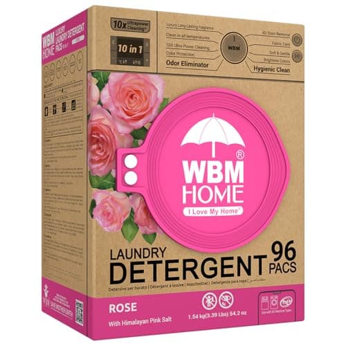 WBM Home 10-in-1 Laundry Pods, Total 96 Count, Ultra Concentrate with Powerful Stain Lifter Technology, Fabric Softener With Rose Extracts, Detergent Pods
