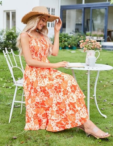 GRACE KARIN Women's 2025 Summer Floral Boho Dress Square Neck Strapped Swing A Line Sundress Beach Long Maxi OutfitsOrange L - Thumbnail 3