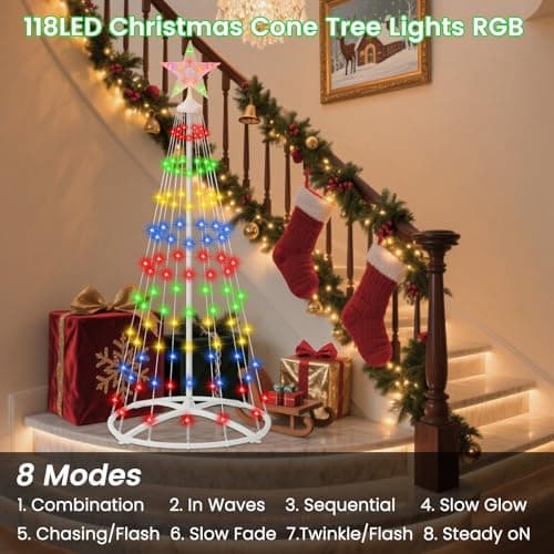 IDEAALS 4FT 118LED Outdoor Solar Christmas Cone Tree Lights, 8 Modes Timer Remote RGB Christmas Tree Lights with Star Topper for Xmas Yard Porch Patio Holiday Decor - Thumbnail 5