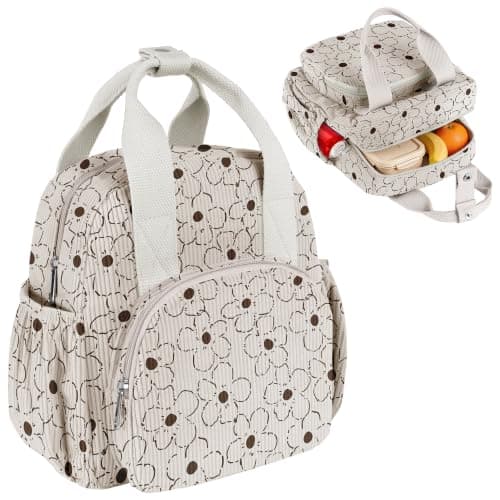 Easozoom Insulated Corduroy Lunch Bag for Teen Girl Kid Women, Large Lunch Box, Reusable Portable Leakproof Lunchbox for School Travel Office Picnic (Linear flower)