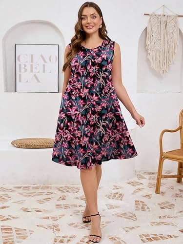 AusLook Plus Size Floral Midi Dress for Women Sleeveless Casual Summer Tank 1X Dress with Pockets Round Neck A-Line Swing Flowy Vacation Beach Sundress - Thumbnail 4