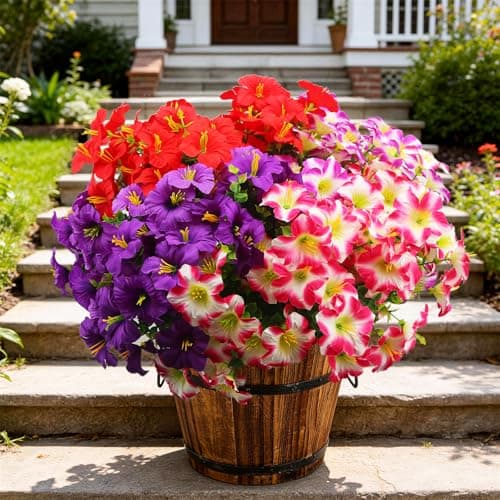 UJROQI Artificial Flowers for Outdoors Fake Plants Outside, 16 Bundles Silk Morning Glory with Eucalyptus, UV Resistant Realistic Faux Flowers for Planters Porch Patio Garden Balcony Decor (4 Color) - Thumbnail 5