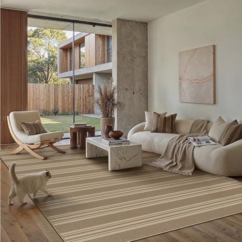 PureCozy Striped Easy Jute Rug 6x9 Khaki Living Room Carpet Washable Non Slip Bedroom Rug Farmhouse Neutral Non Shedding Indoor Outdoor Large Carpet for Dining Room Under Table Office - Thumbnail 2