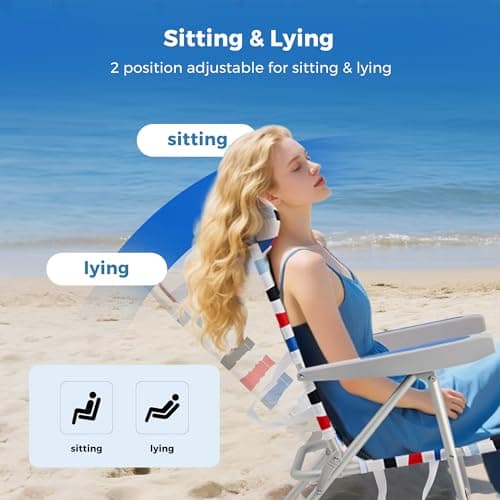 SUNNYFEEL Portable Beach Chair, Folding Low Back Beach Chair, Lightweight Camp Chair with Reclining Position, Backpack Lounger for Beach, Camping, Lawn, Outdoor, Red Blue White Striped, 2 Pack - Thumbnail 5