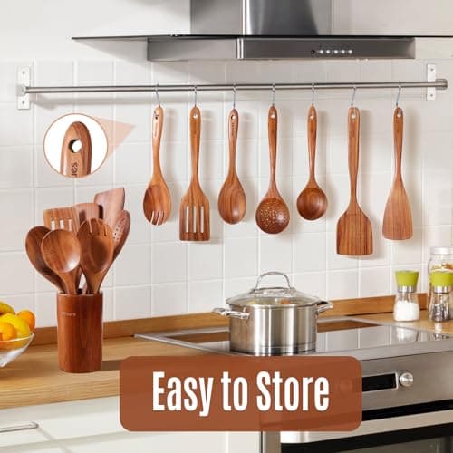 Wooden Spoons for Cooking, 9 PCS Teak Wood Cookware Utensil Set - Smooth Finish, Non-Stick, Comfortable Grip, Heat Resistant Kitchen Utensils Gift Box - Thumbnail 4