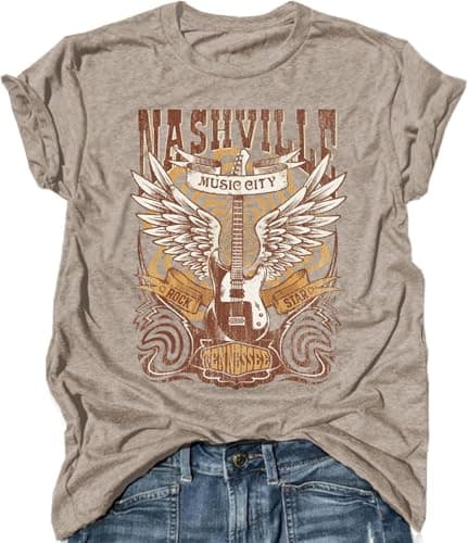 Rock Band T-Shirt Women Country Music Shirt Tops Nashville Music City Tshirt Vintage Guitar Wings Graphic Tees(A1Beige1,XL) - Image 1