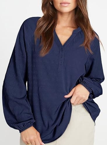 Dokotoo Blouses for Women Dressy Casual Long Lantern Sleeve Navy Blue Shirts V Neck Textured Blouses Spring Clothes 2026 Plus Size Tops Business Casual Outfits Medium - Thumbnail 3