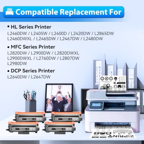 ZIPRINT TN830XL Toner 4 Pack(with chip) Compatible Replacement for Brother tn830 tn 830xl tn830/xl/v tn 830 Toner for HL-L2460DW HL-L2405W DCP-L2640DW MFC-L2820DW MFC-L2900DW HL-L2480DW Printer - Thumbnail 2