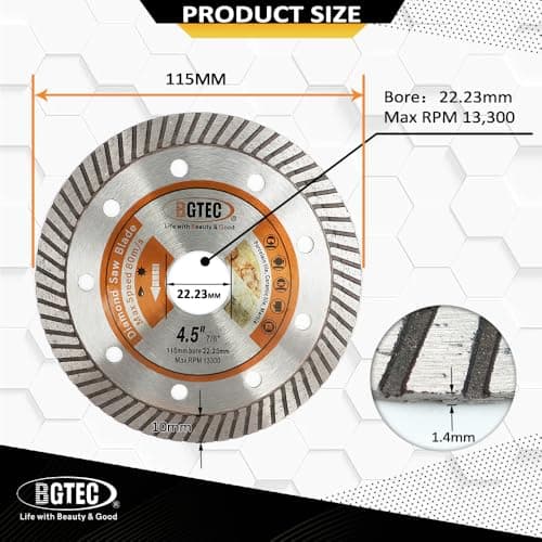 BGTEC Diamond Tile Blade,2pcs 4.5" Super Thin Turbo Rim Concrete Porcelain Saw Blade with 7/8" Arbor for Cutting Porcelain Tile Ceramic Granite Marble Hard Material Cutting Disc - Thumbnail 2
