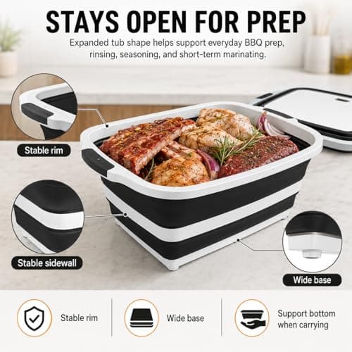 BBQ Prep Tub with Lid and Cutting Board - Collapsible Barbecue Tool Set for Marinating, Grilling, BBQ Prep Station for Outdoor Cooking, Camping Kitchen Accessories & Barbecue Utensils, XX-Large Black - Thumbnail 5