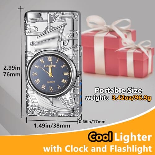 RSBYE Watch Lighter Dual Arc Plasma Electric Lighters USB Rechargeable Lighters with LED Battery Display Cool Lighter with Clock & Flashlight,Unique Gift for Men and Women (Boat Silver) - Thumbnail 5