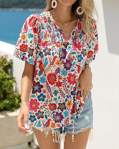KIRUNDO Boho Tops for Women Summer 2026 Dressy Floral Blouse V Neck Drawstring Short Sleeve Shirts Beach Vacation Clothes(White Multicolored, X-Large) - Thumbnail 6