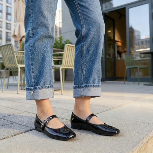 Rihero Black Ballet Flats for Women Comfortable Square Toe Buckle Strap Dressy Casual Ballerina Mary Jane Flats Shoes Size 6.5 - Thumbnail 2
