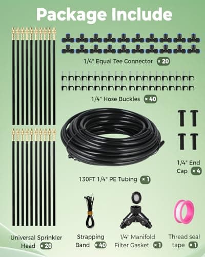 130FT Drip Irrigation System for Garden: 20 Nozzles 1/4" PE Tubing Automatic Watering Kit Adjustable Misting Sprinkler Mister Hose for Water Plants Tape Raised Beds Lawn Outdoor Yard Greenhouse 130FT - Thumbnail 2