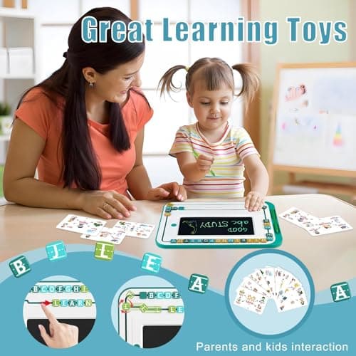 LCD Writing Tablet for Kids Words Learning Drawing Writing Board with 26 Letters 2 Set Puzzles Blocks Educational Toy Kid School Stuff Class Learning Tool for Girls Boys 3+ - Thumbnail 2