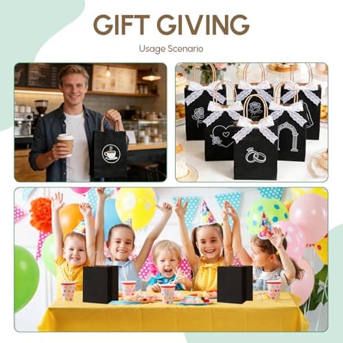 Qioxiou 60 Pack Black Gift Bags 5.91x3.15x8.27 Small Kraft Paper Gift Bags with Handles Bulk, Black Paper Sacks for Small Business, Retail, Shopping, Merchandise, Grocery, Wedding Birthday Party Favor - Thumbnail 6