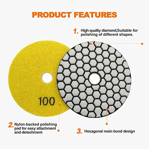 BRSCHNITT Dry Diamond Polishing Pads Set 4 Inch Grit 50x3/100x2/200/400/800 - Dry Polish Pad Kit 8pcs for Granite Marble Concrete Quartz Marble Floor Polishing Plus 5/8-11 Plastic Backer and Adapter - Thumbnail 6