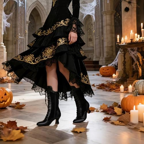 Erocalli Women's Vintage Victorian Boots Winter Mid Calf Lace up Witch Boot - Black, Pointed Toe, Kitten Heel, Halloween, Medieval Costumes, Combat Boots - Thumbnail 2