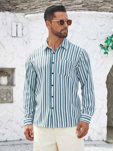 Hardaddy Men's Classic Color Contrast Striped Shirt Long Sleeve Casual Button Down Shirts Blouse Blue 01 XXL - Thumbnail 3