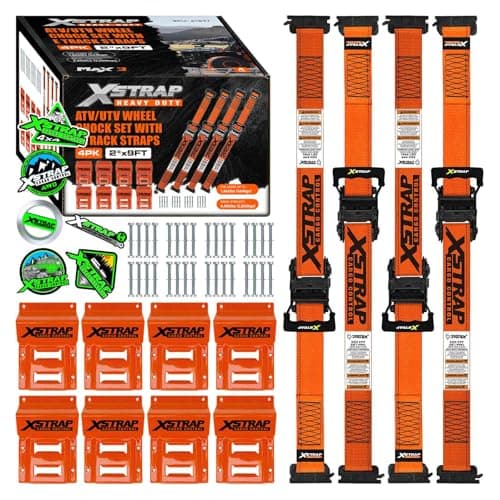 XSTRAP STANDARD Wheel Chock E-Track Tie Down Straps Kit, 4 Pack 2’’ x 9FT Over-The-Tire Ratchet Straps with Steel Wheel Chocks, 1466 lbs WLL for ATV, UTV, Lawn Mower, Trailer Hauling, Orange