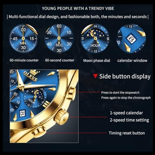 OLEVS Gold Watches for Men Brown Leather Mens Watches Dress Big Face Blue Mens Wrist Watch Luxury Chronograph Analog Quartz Waterproof Luminous Date Moon Phase Diamond Vintage Relojes para Hombres - Thumbnail 6