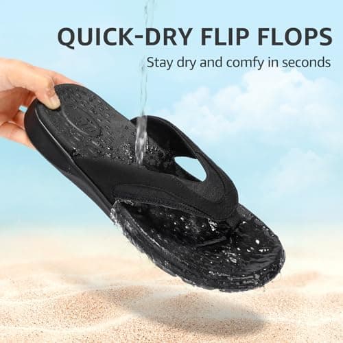 STQ Flip Flops for Women with Arch Support, Yoga Mat Footbed Flip-flops for Plantar Fasciitis Summer Beach Sandals All Black Size 9 - Thumbnail 6