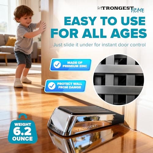 Strongest Home Heavy Duty Door Stopper Wedge (2 Chrome PCs) | Non-Slip Rubber and Metal Door Stop for Heavy Doors | Work on Wood, Tile, Carpet + 2 White Wall Protectors - Thumbnail 3