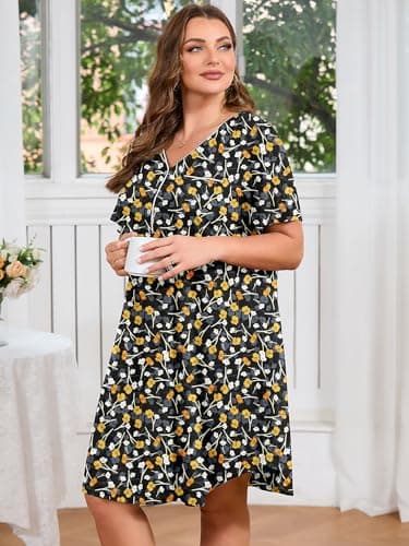 AusLook Plus Size Floral Nightgown for Women Midi Sleep 1X Dress Short Sleeve V Neck Flowy Lounge House Dress Casual Printed Night Dress - Thumbnail 4