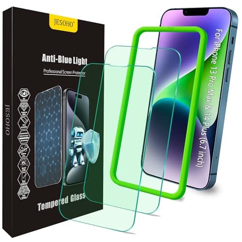 JESOHO Blue Light Screen Protector for iPhone 13 Pro Max & iPhone 14 Plus (6.7''), Eye Protection Tempered Glass Film, Scratch-Resistant, No Bubble with Easy Installation Kit, 2 Pack - Image 1