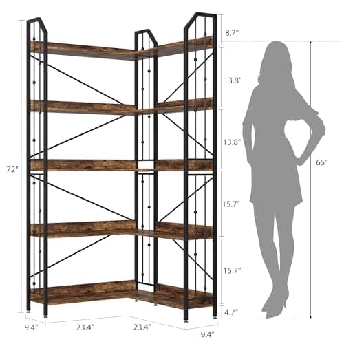 GarveeHome Corner Bookshelf 72" L Shaped Bookcase, Corner Bookshelves Industrial Bookcase 5 Tier L-Shape Bookshelf, Large Bookcases with Beaded Design Tall Display Rack Shelf for Living Room Bedroom - Thumbnail 2