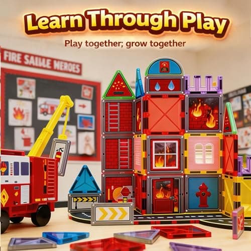 LATI Fire Rescue Magnetic Tiles for Kids,Double-Sided Fire & Rescue Blocks with Fire Truck, Station, Roads & Crane, STEM Magnetic Building Blocks for Boys & Girls Ages 3-8 - Thumbnail 4